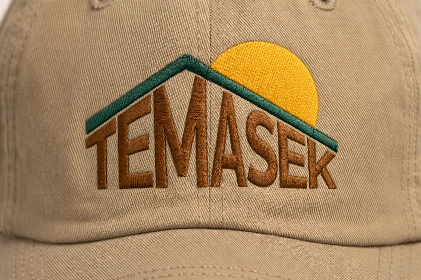 Beige Temasek cap embroidered with a green outline of Temasek Hall, brown wordmark, and yellow sun.