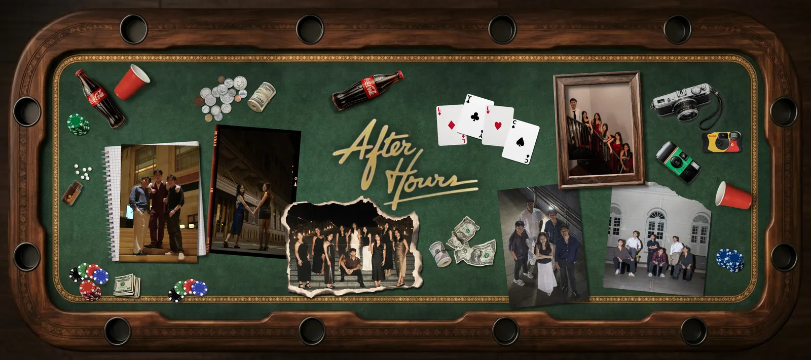 After Hours banner laid over a green pool table with playing cards, chips, cameras, and photo prints.
